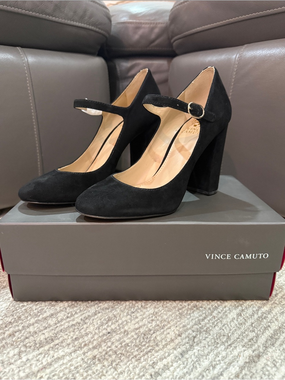 Vince Camuto Black Suede Mary Jane Block Heel Pumps
